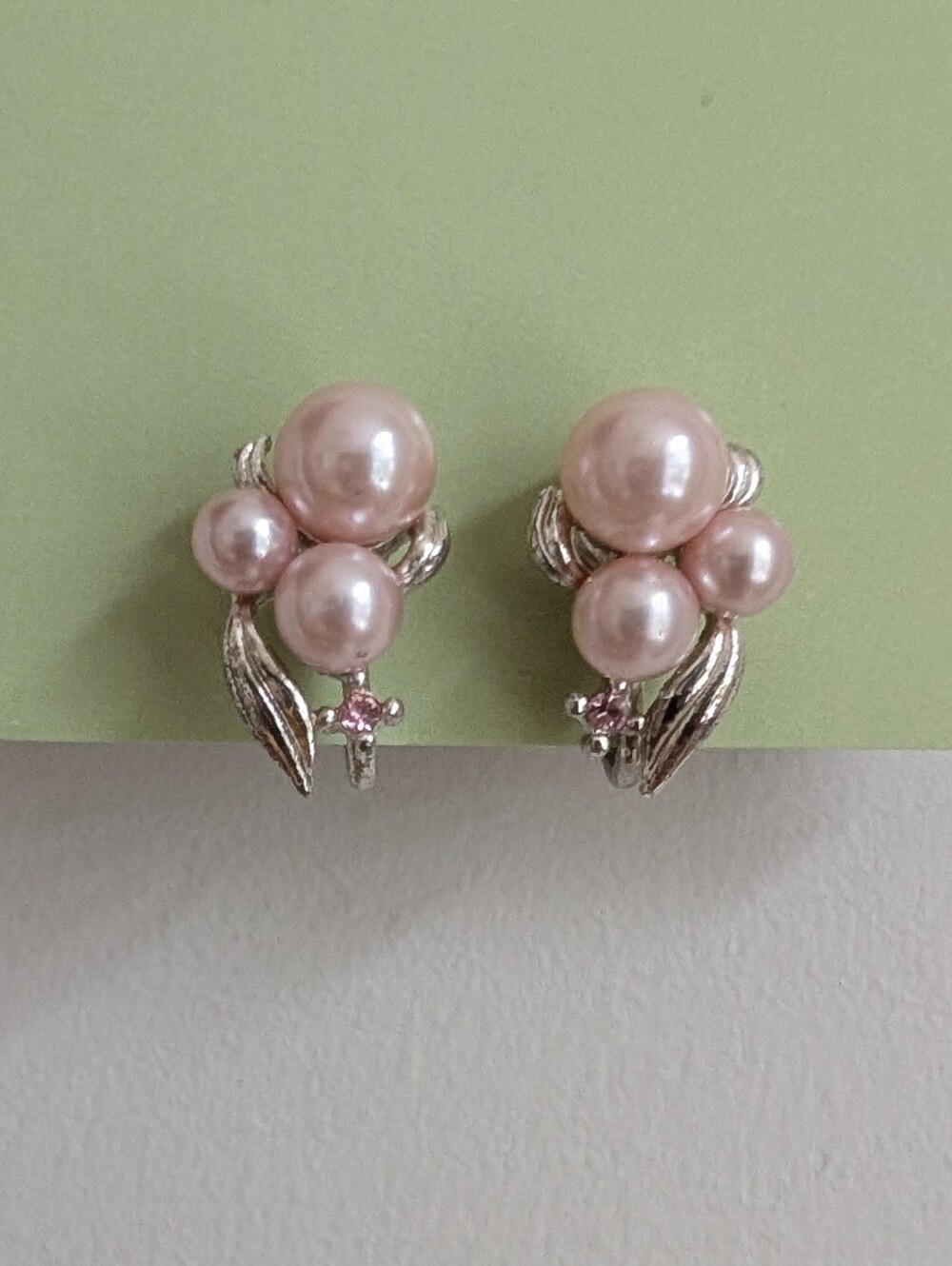 Vintage Clip On Earrings Silver Tone With Pink Stones And Pearl Cluster